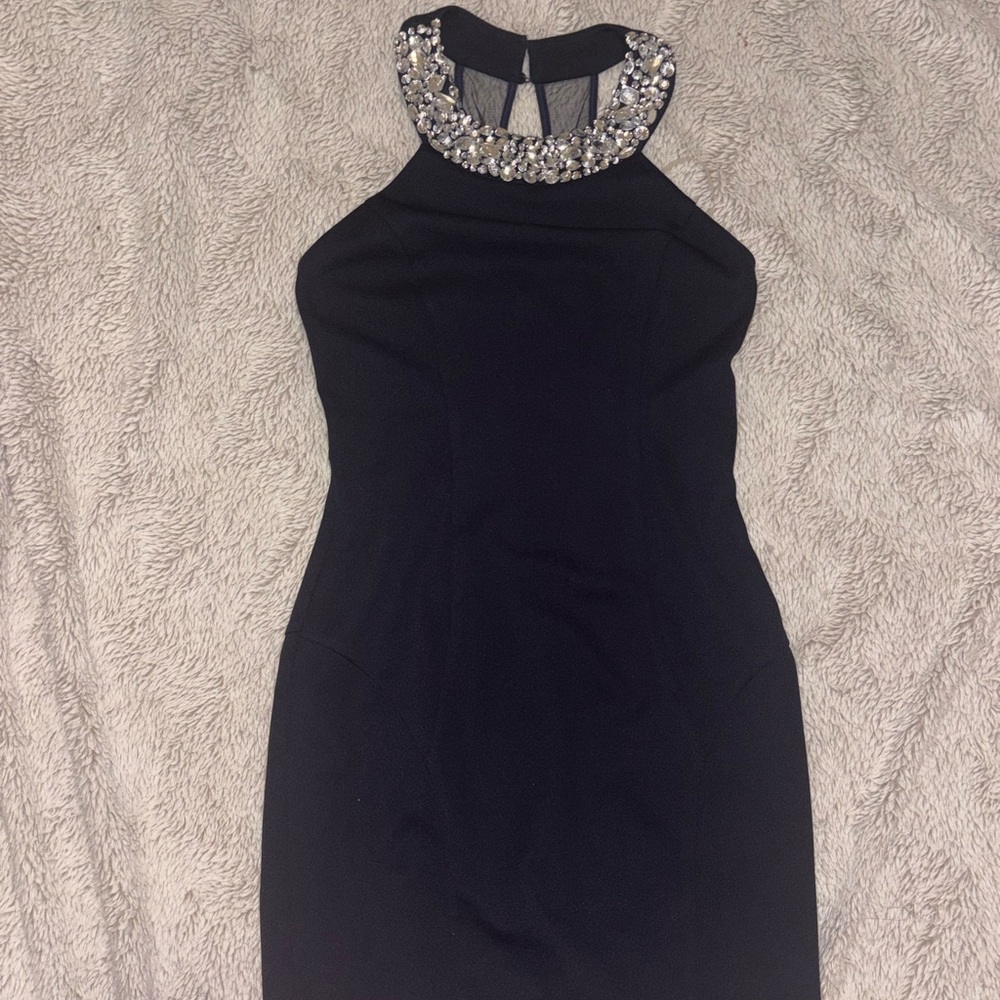 Embellished Neckline Navy Blue Halter Dress
